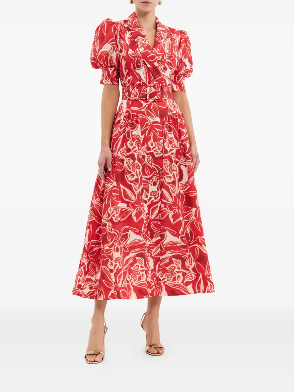 Rebecca Vallance Alloure midi-jurk met pofmouwen en bloemen - Rood