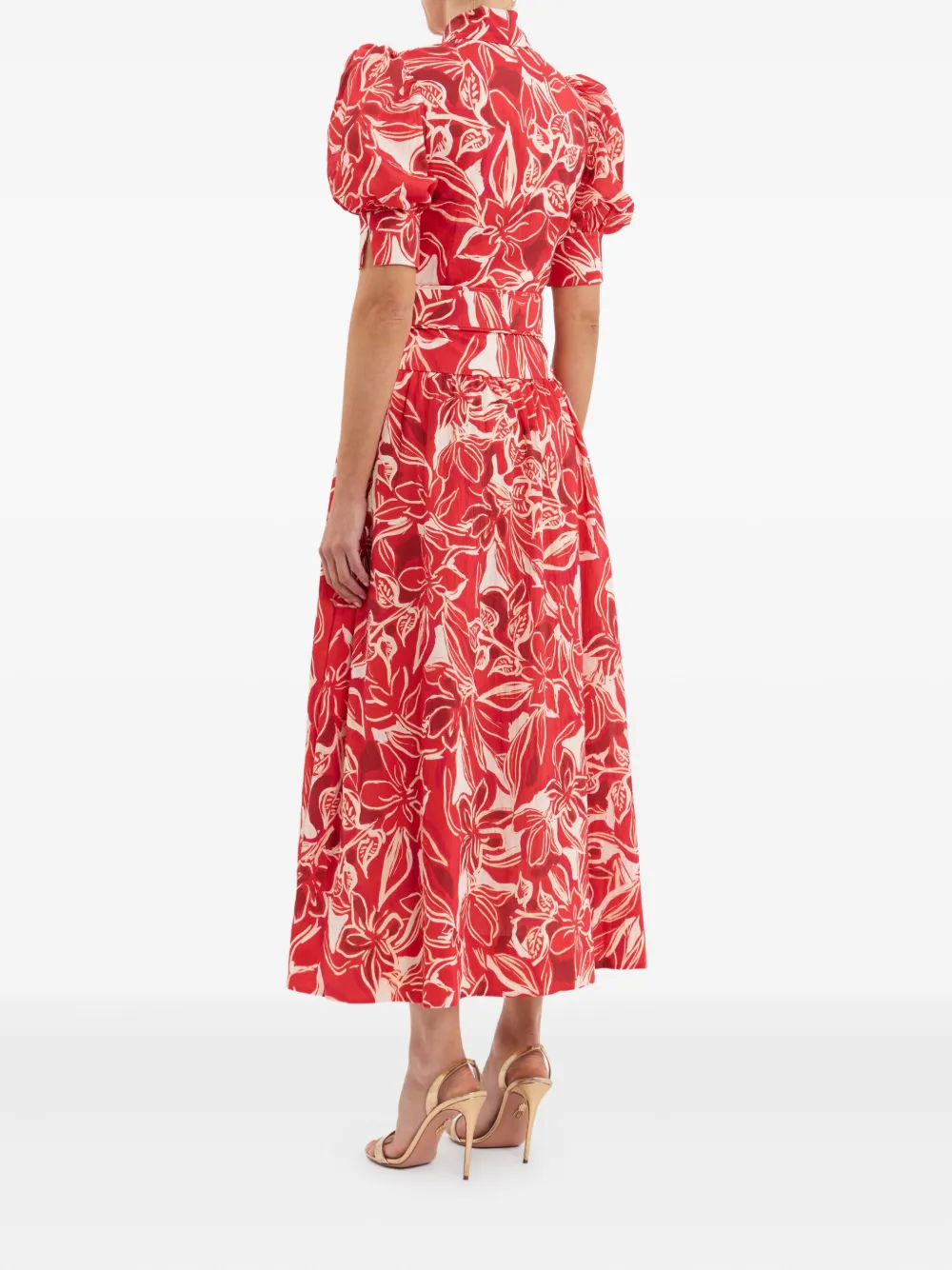 Rebecca Vallance Alloure midi-jurk met pofmouwen en bloemen Rood