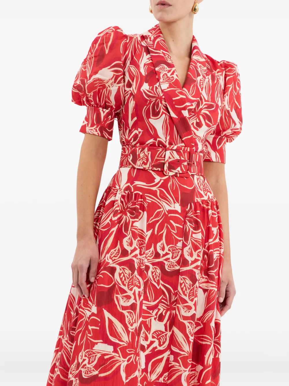 Rebecca Vallance Alloure midi-jurk met pofmouwen en bloemen Rood