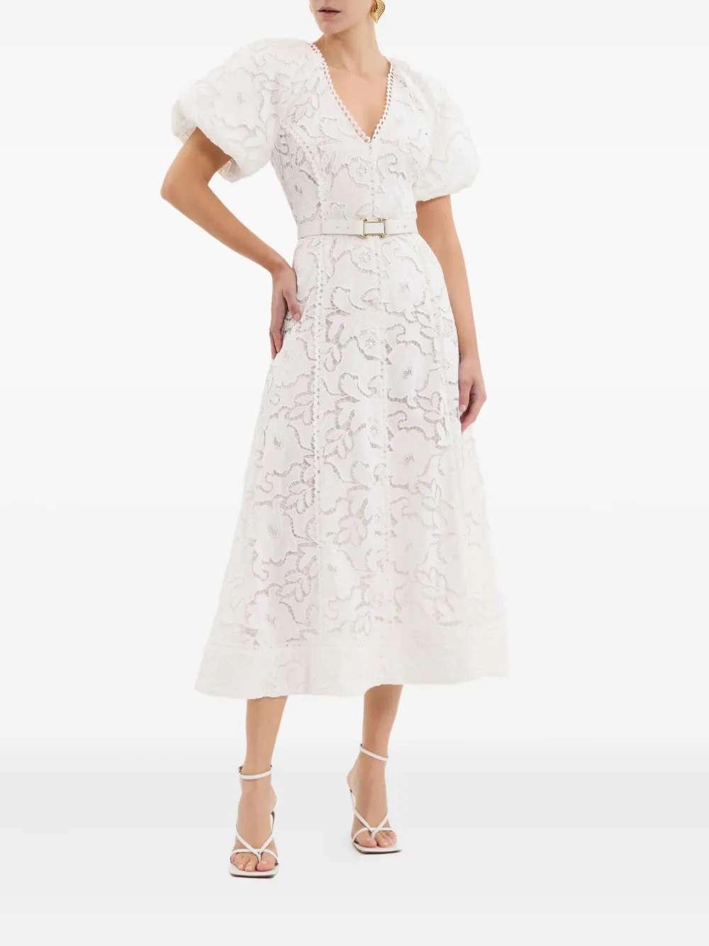 Rebecca Vallance Ginger kanten jurk met pofmouwen - Beige
