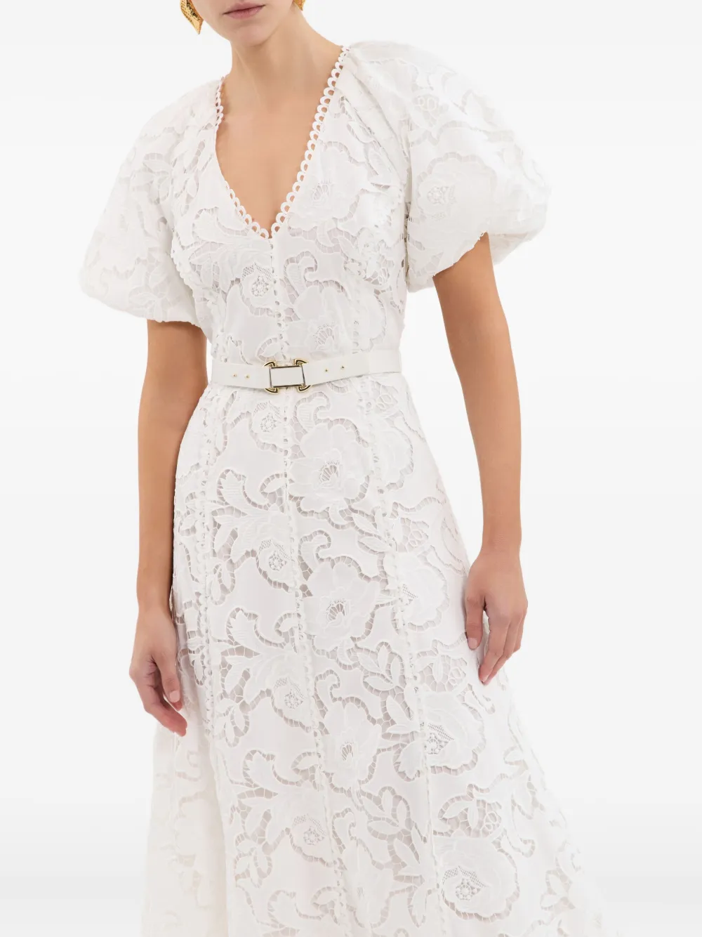 Rebecca Vallance Ginger kanten jurk met pofmouwen Beige