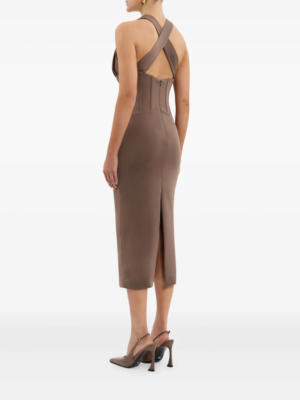Rebecca Vallance Misha Cross-back Corset Midi Dress In Brown