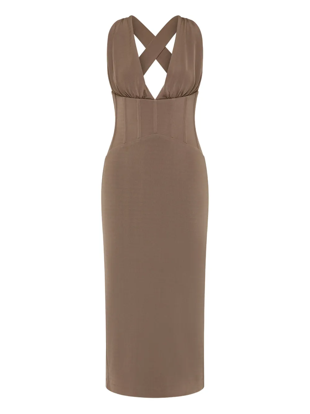 Rebecca Vallance Misha Cross-back Corset Midi Dress In Brown