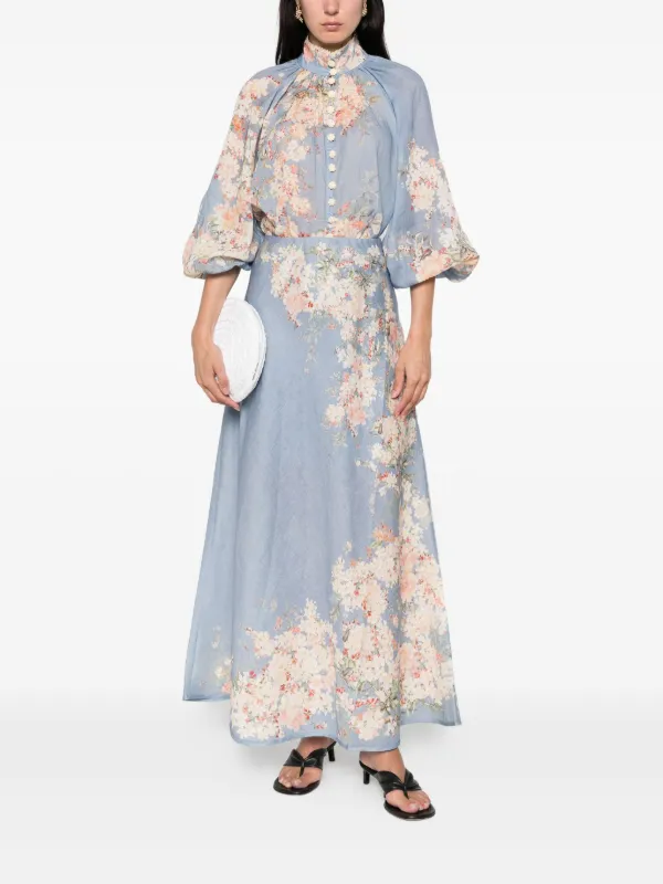 ZIMMERMANN Cascadian floral-print Linen Skirt | Blue | FARFETCH