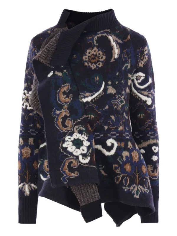 Sacai Patterned Ruffled Wool Sweater in Black