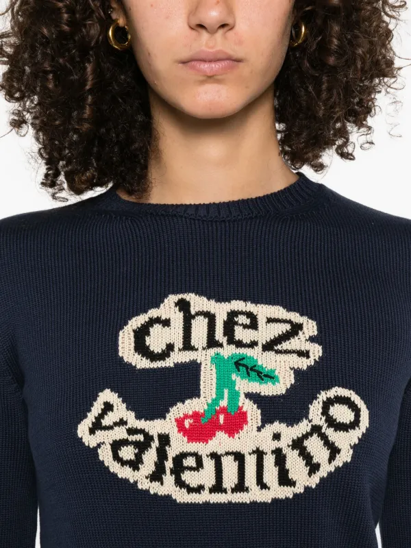 VALENTINO ニット Valentino Garavani cherry-embellished crew-neck Sweater | Blue