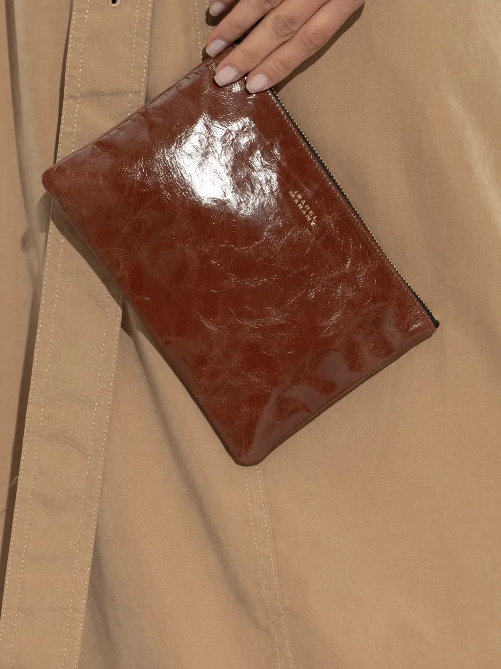 ISABEL MARANT Mino zip-top leather clutch bag CHOCOLATE
