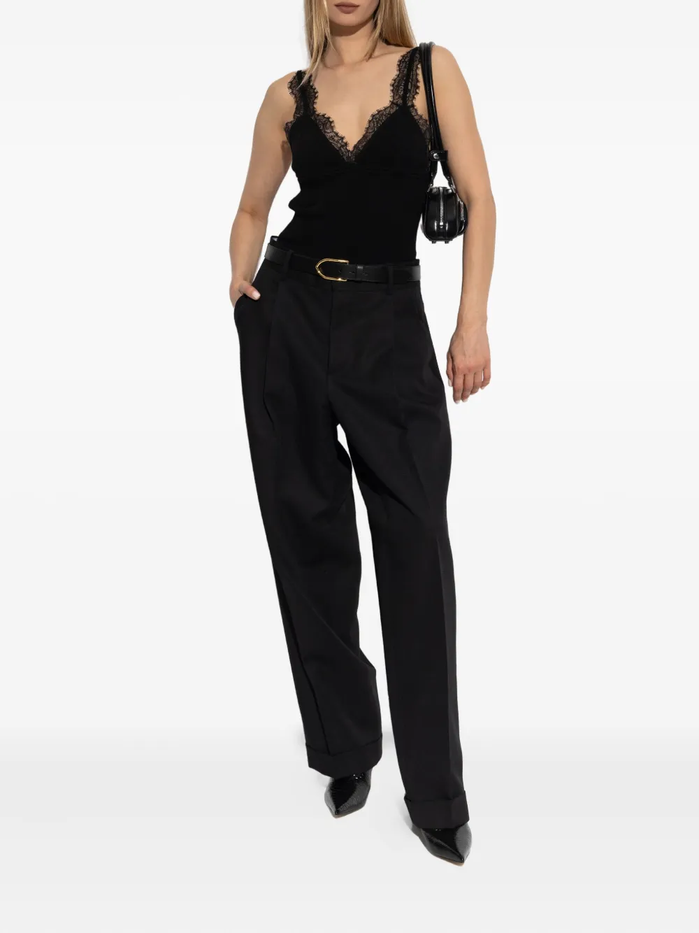Blumarine Geribbelde top met kanten afwerking Zwart