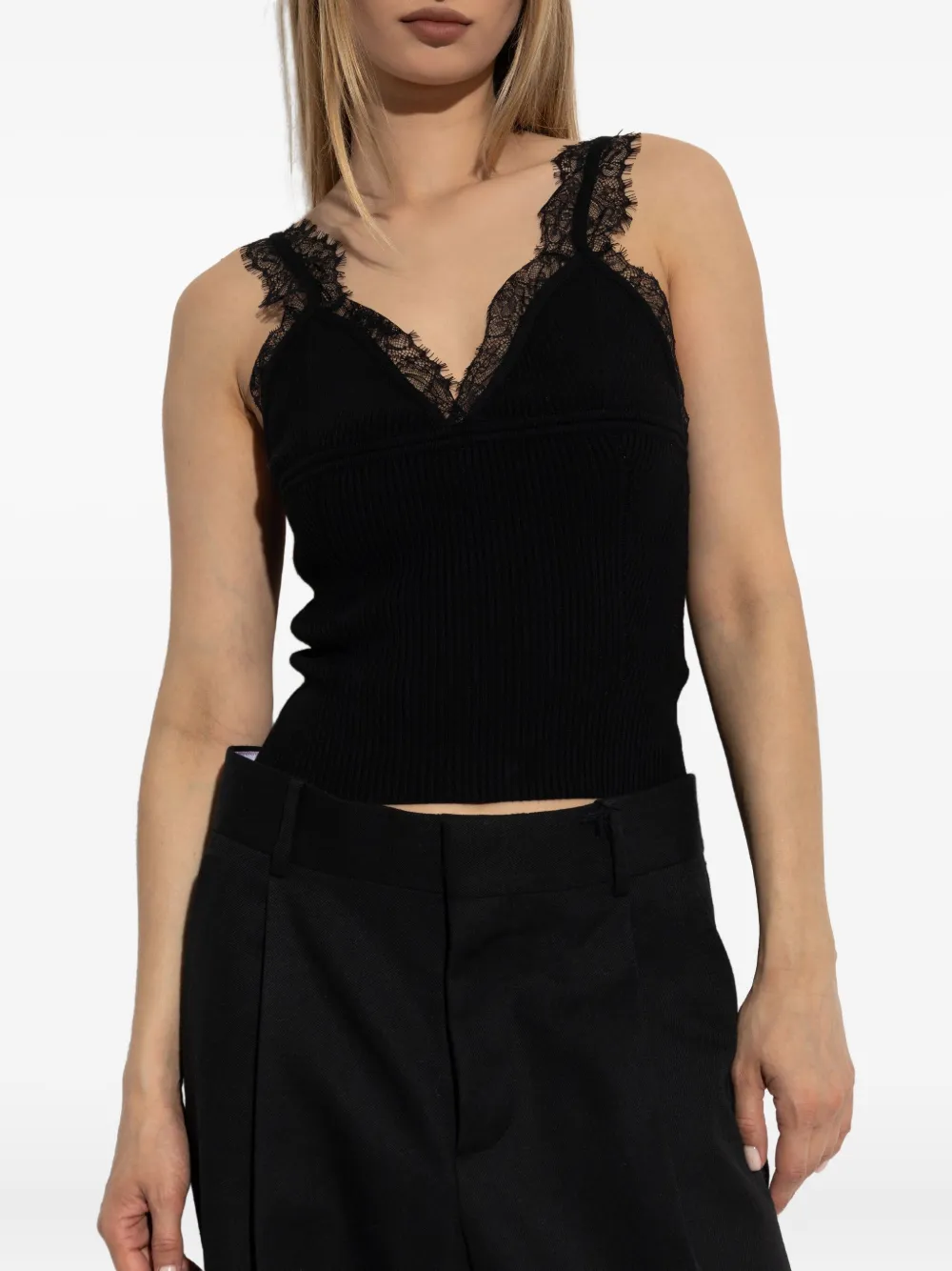 Blumarine Geribbelde top met kanten afwerking Zwart