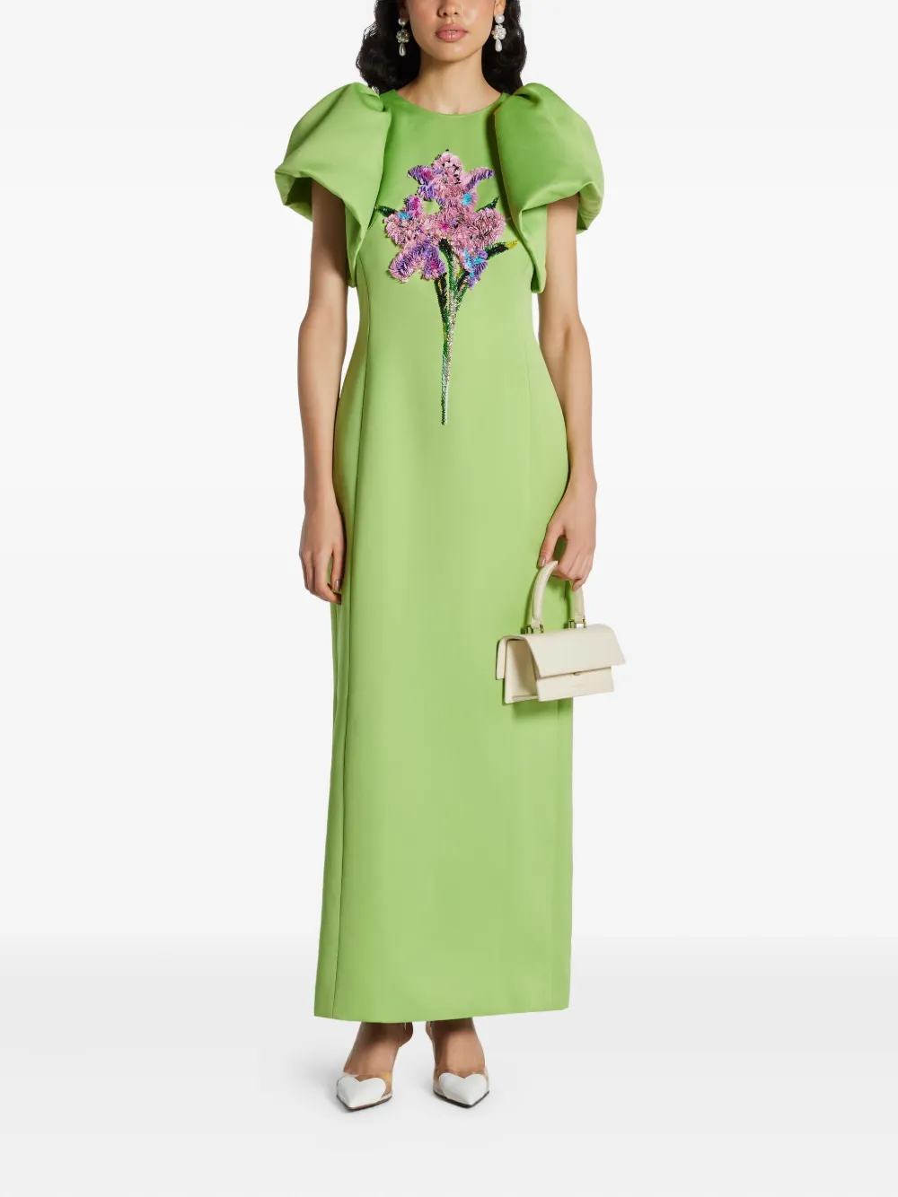 Leo Lin Lucinda puff-sleeve floral-embellished dress - Groen