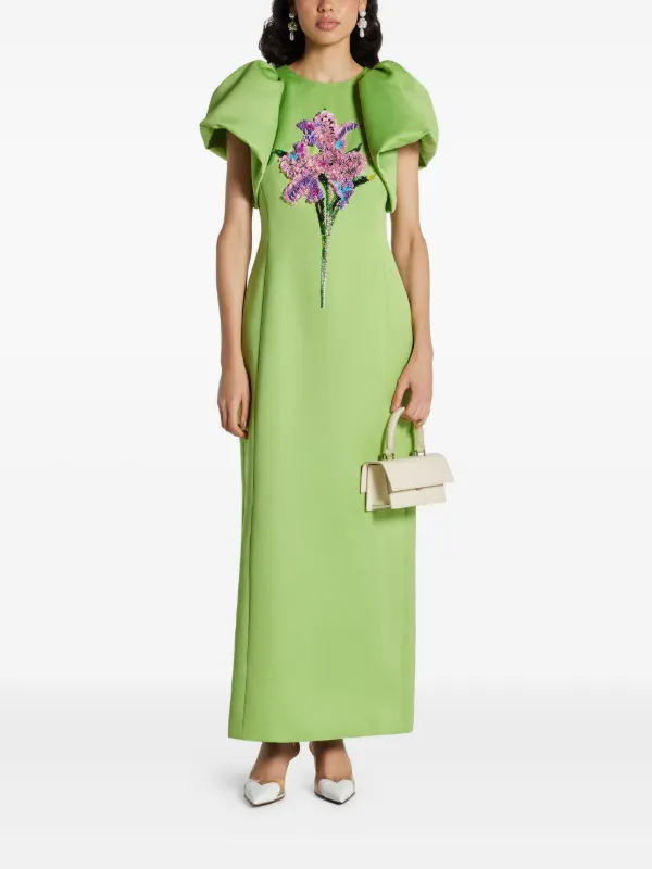 Leo Lin Lucinda puff-sleeve floral-embellished Dress | Green | FARFETCH