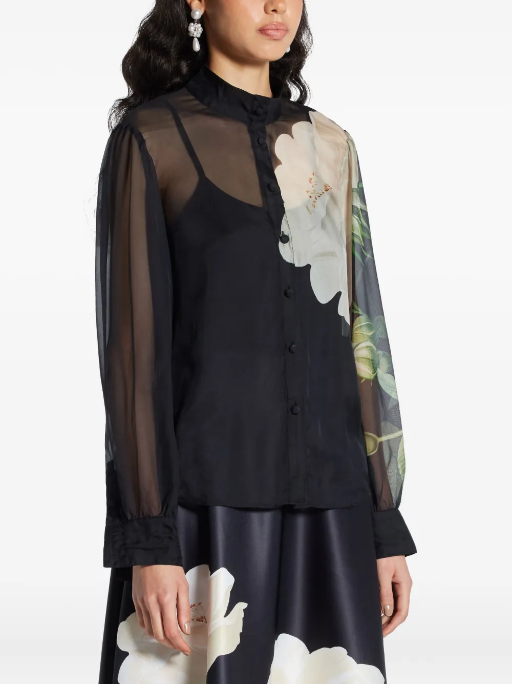 Leo Lin Floral-print Sheer Blouse In Black