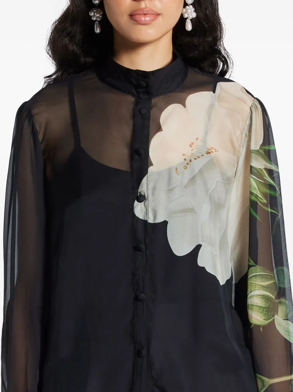 Leo Lin Floral-print Sheer Blouse In Black