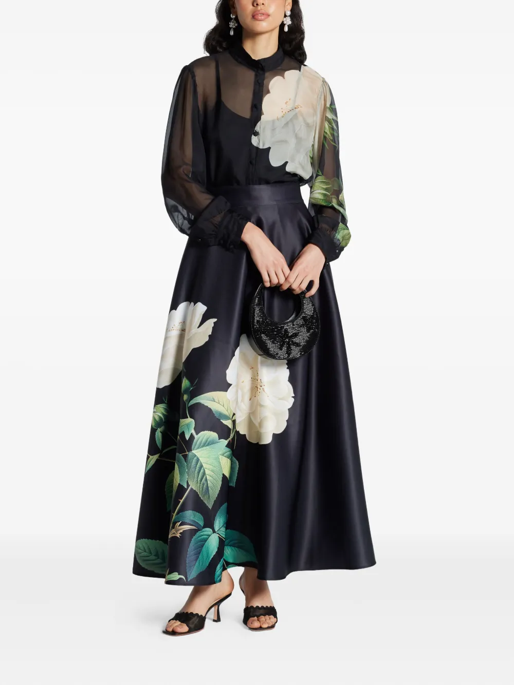 Leo Lin Floral-print Sheer Blouse In Black