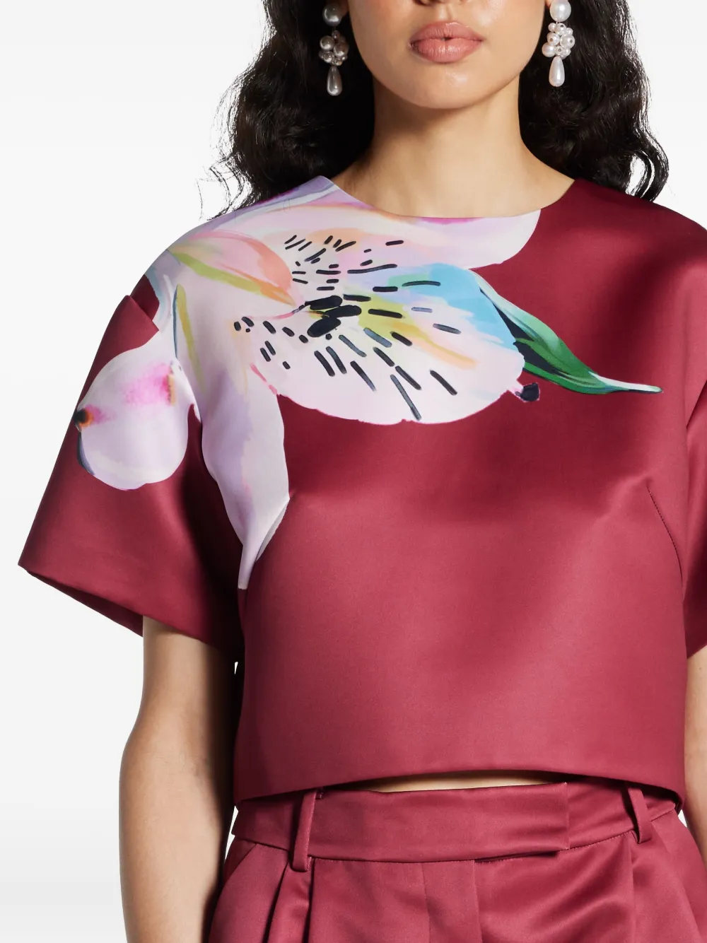 Leo Lin Indie Floral-print Short-sleeve Blouse In Red