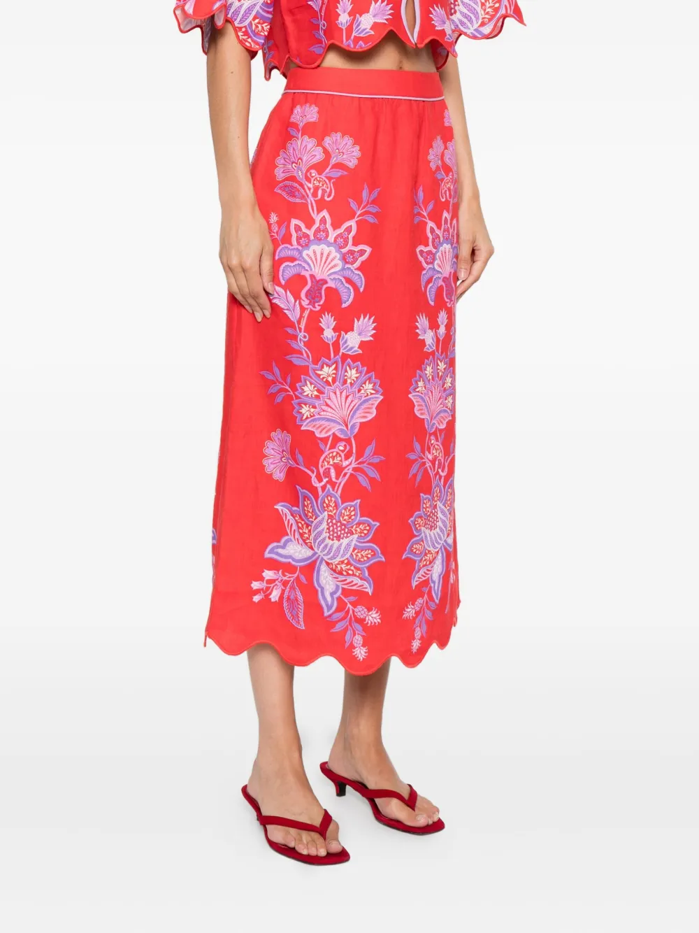 FARM Rio Porcelain Garden midi-rok met gewelfde afwerking Rood