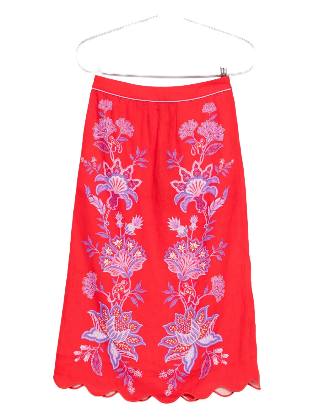 FARM Rio Porcelain Garden embroidered scallop-hem midi skirt - Rosso