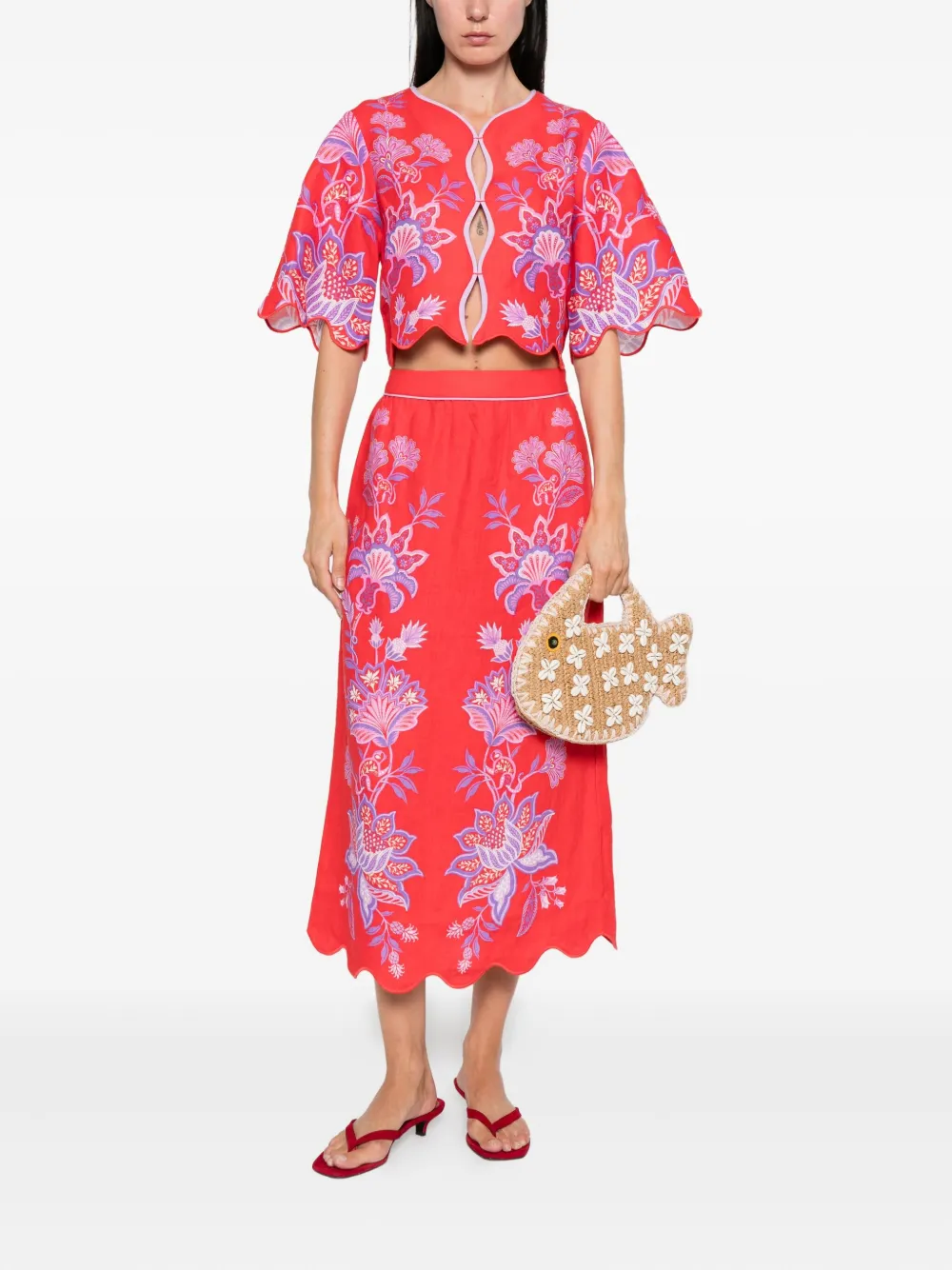 FARM Rio Porcelain Garden embroidered scallop-hem midi skirt | High-Waisted Skirts | Image 2