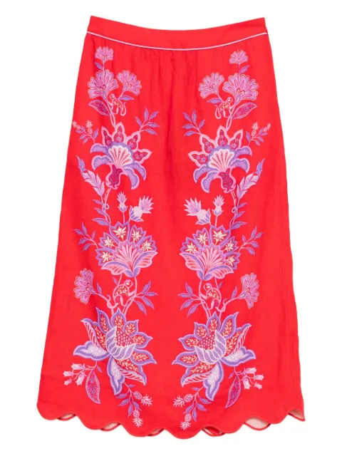 FARM Rio Porcelain Garden embroidered scallop-hem midi skirt