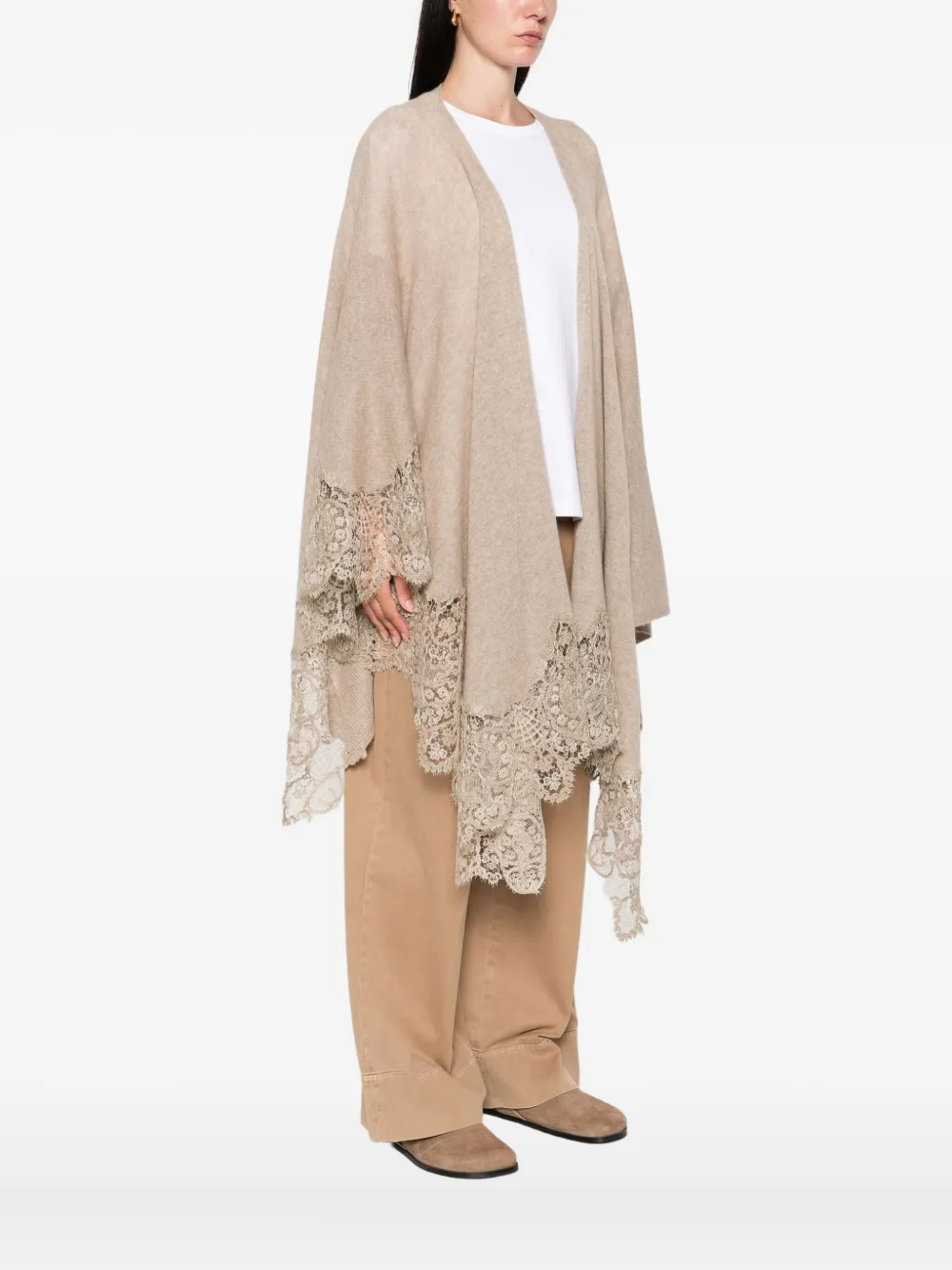 Ermanno Scervino Wollen cape met kanten afwerking Bruin