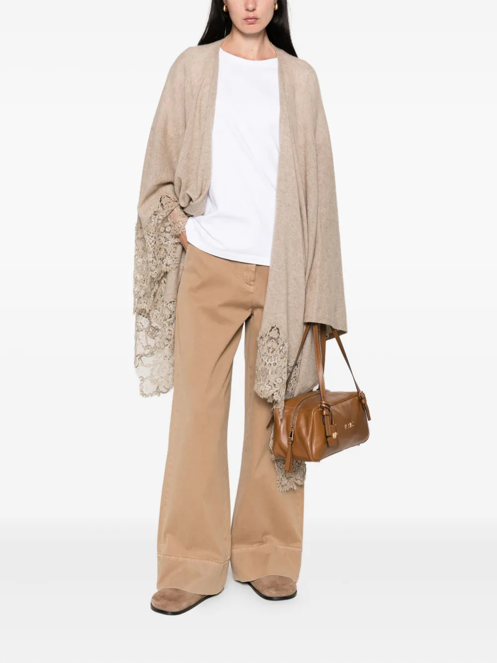 Ermanno Scervino Wollen cape met kanten afwerking Bruin