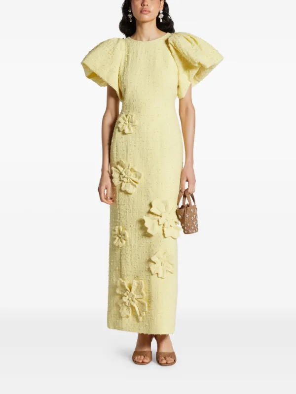 Leo Lin Luconda Floral-appliqu Tweed Dress - Yellow Leo Lin Luconda Floral-appliqu Tweed Dress - Yellow