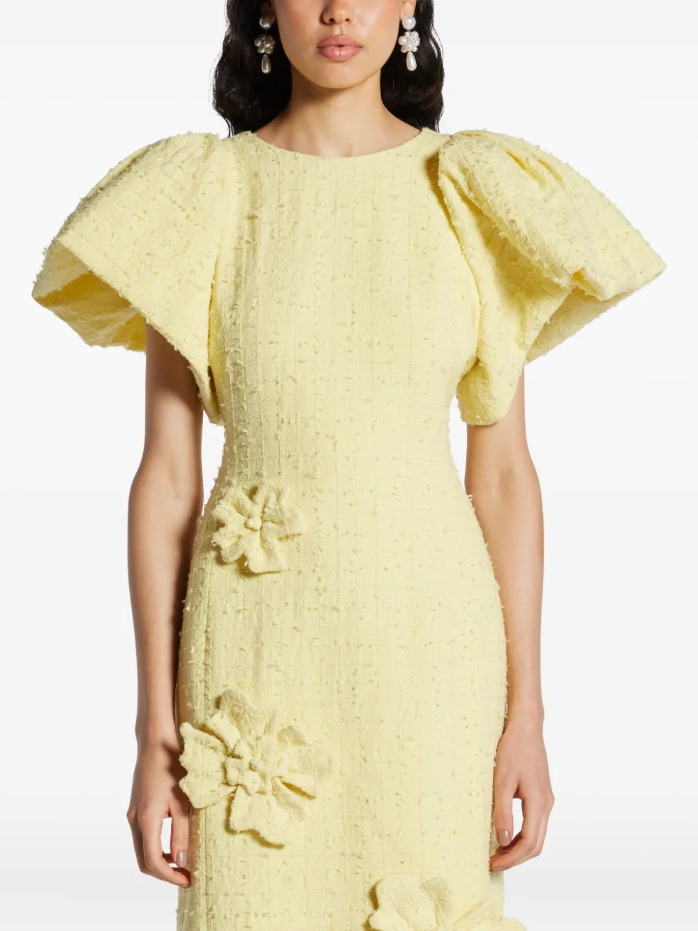 Leo Lin Luconda tweed jurk met bloem-applicatie Geel