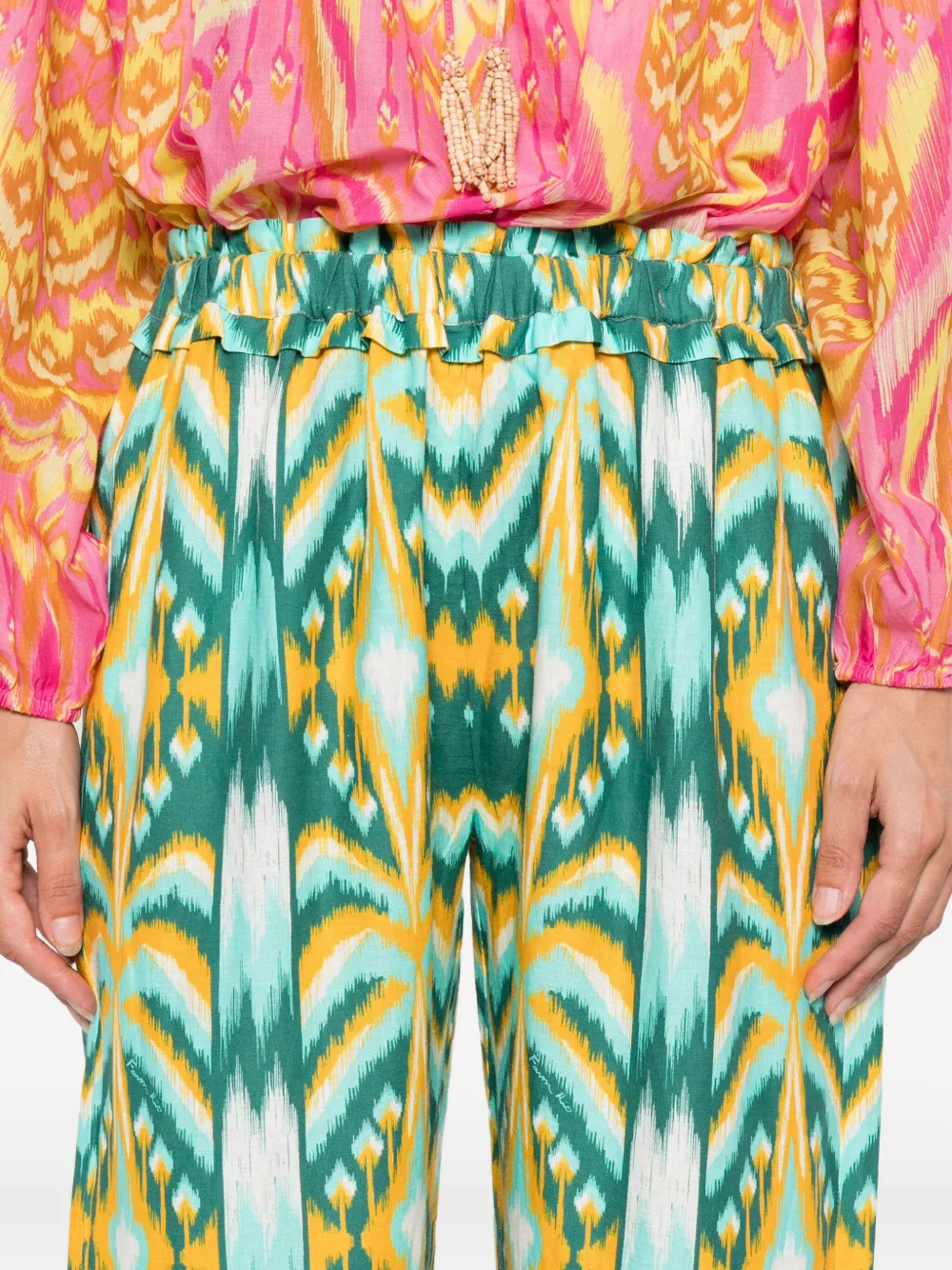 FARM Rio Broek met elastische taille en ikat patroon Groen
