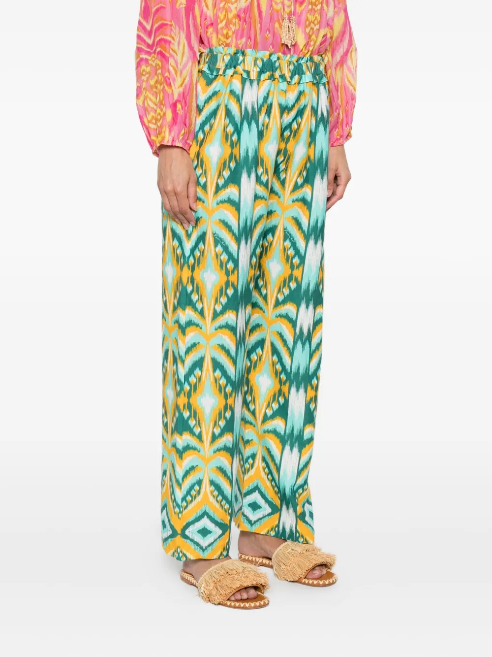 FARM Rio Broek met elastische taille en ikat patroon Groen