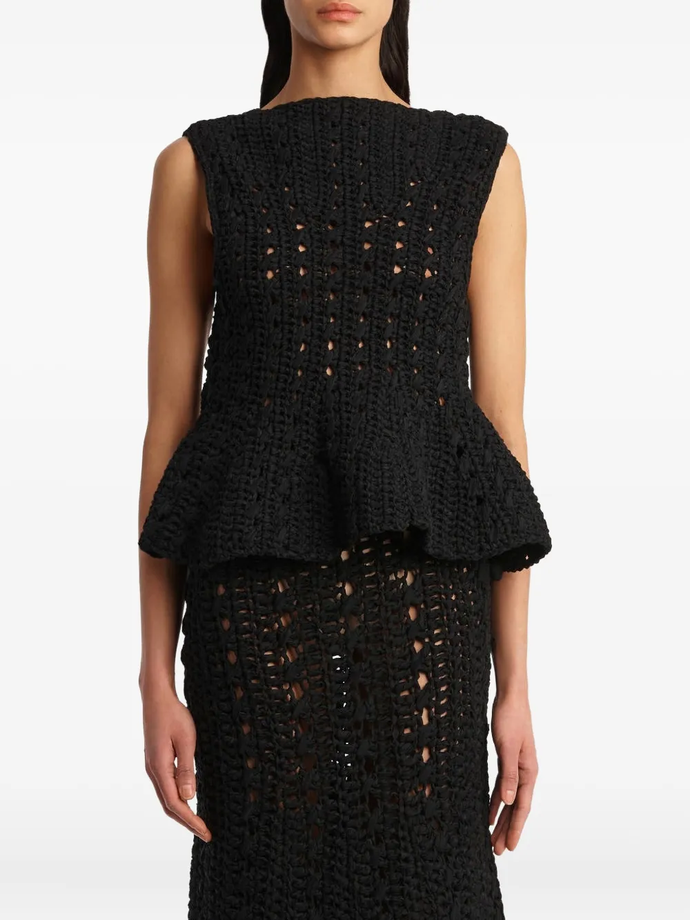  Khaite Yuka Crochet Peplum Top - Black 