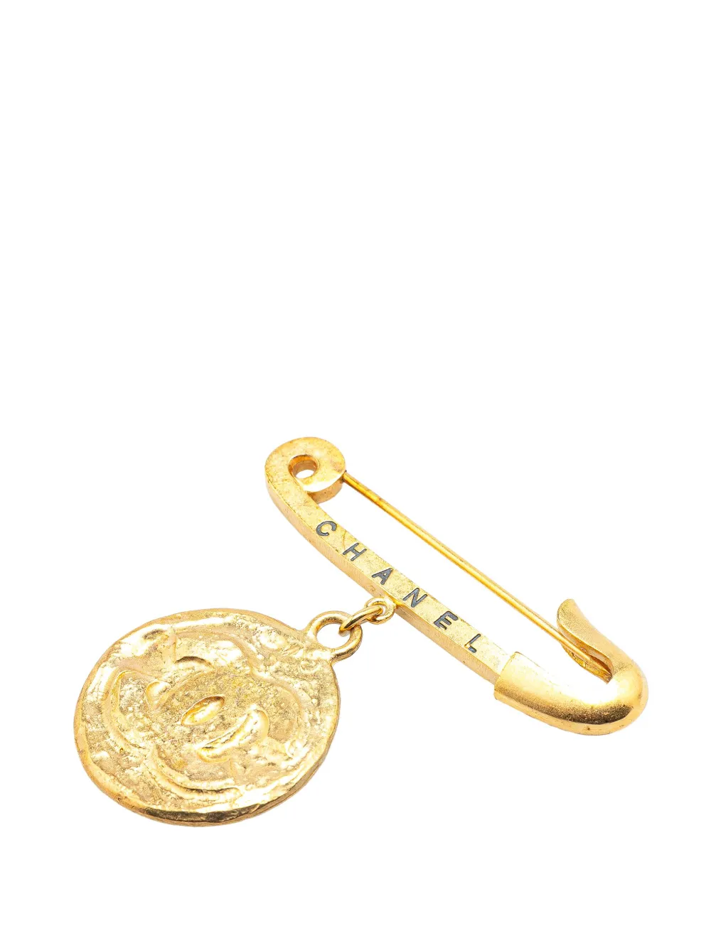 Pre-owned Chanel 1994 Gold Plated Cc Medallion Safety Pin Brooch Costume Brooch