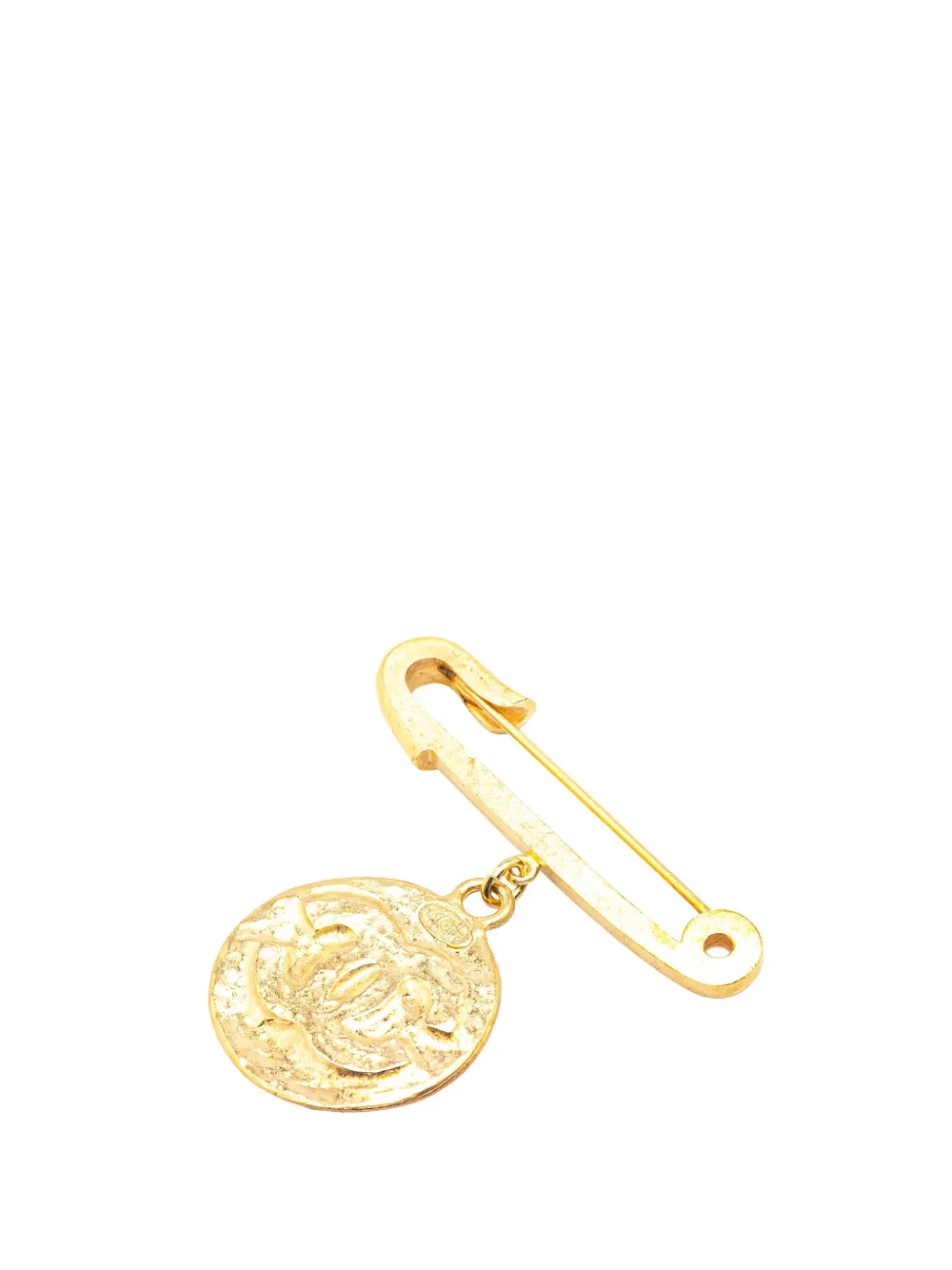 Pre-owned Chanel 1994 Gold Plated Cc Medallion Safety Pin Brooch Costume Brooch