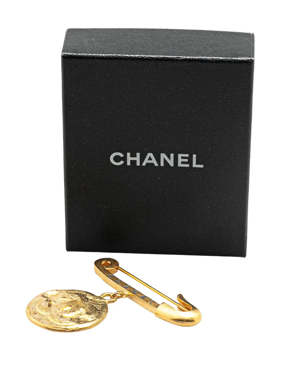 Pre-owned Chanel 1994 Gold Plated Cc Medallion Safety Pin Brooch Costume Brooch