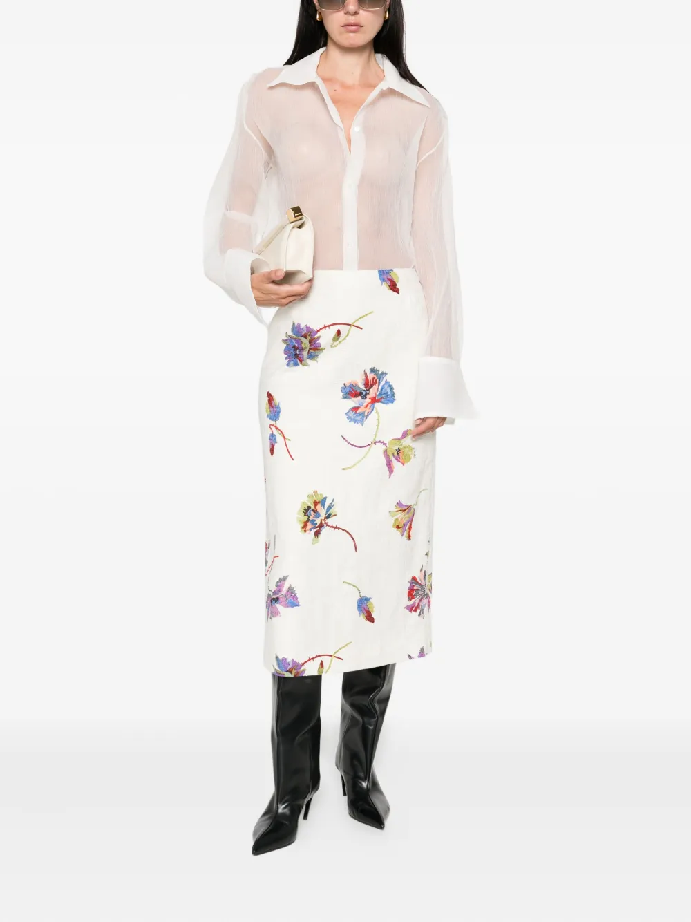 La DoubleJ floral-print straight skirt Wit