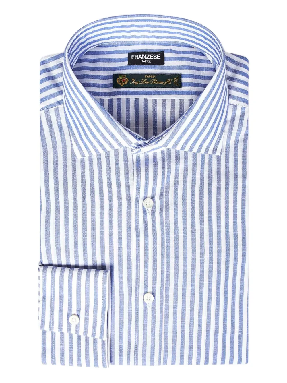 Franzese Collection Vertical Stripe Shirt In Clear Blue Cotton-linen Blend In Blue