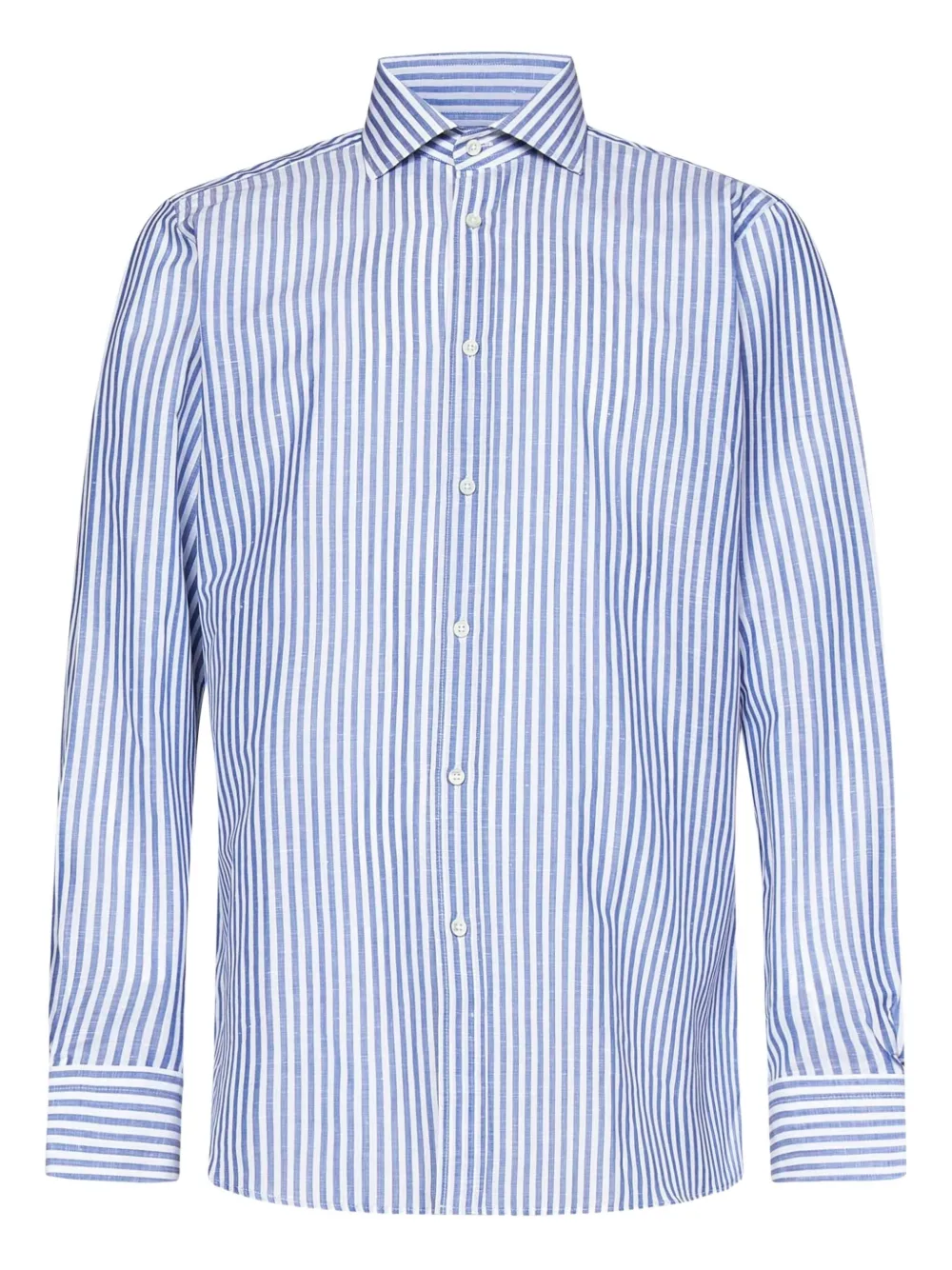 Franzese Collection Vertical Stripe Shirt In Clear Blue Cotton-linen Blend In Blue