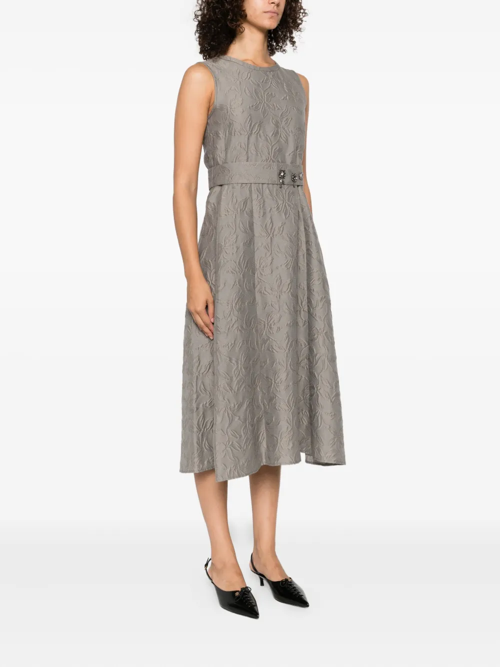 Max Mara Timeless midi-jurk verfraaid met bloemen en ceintuur Grijs