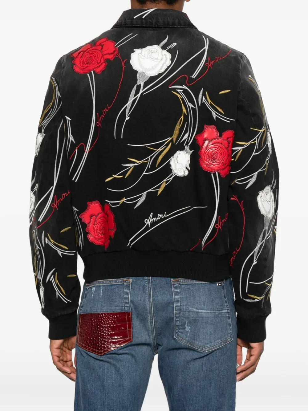 AMIRI Denim jack met geborduurde bloemen Zwart