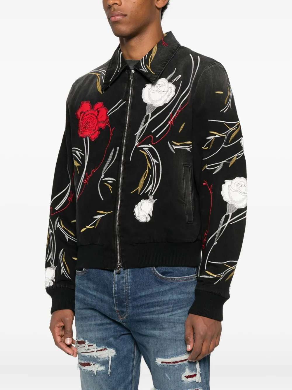 AMIRI floral-embroidered Denim Jacket | Black | FARFETCH