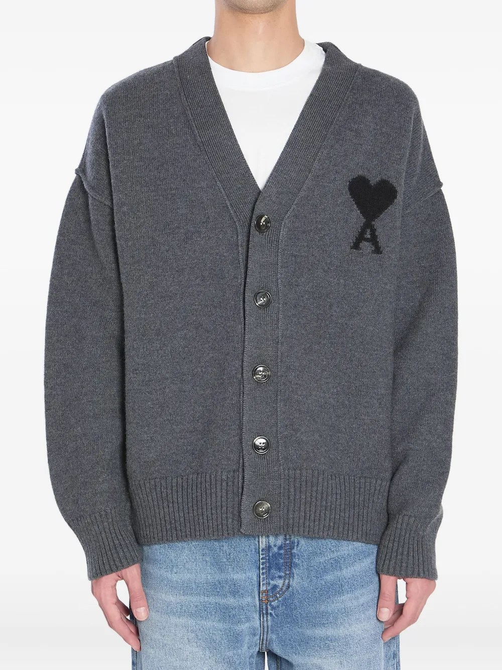 AMI Paris heart-logo button cardigan | Grey | Image 1