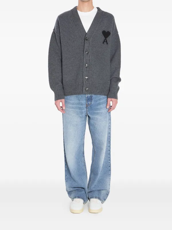 AMI Paris heart-logo Button Cardigan | Grey | FARFETCH