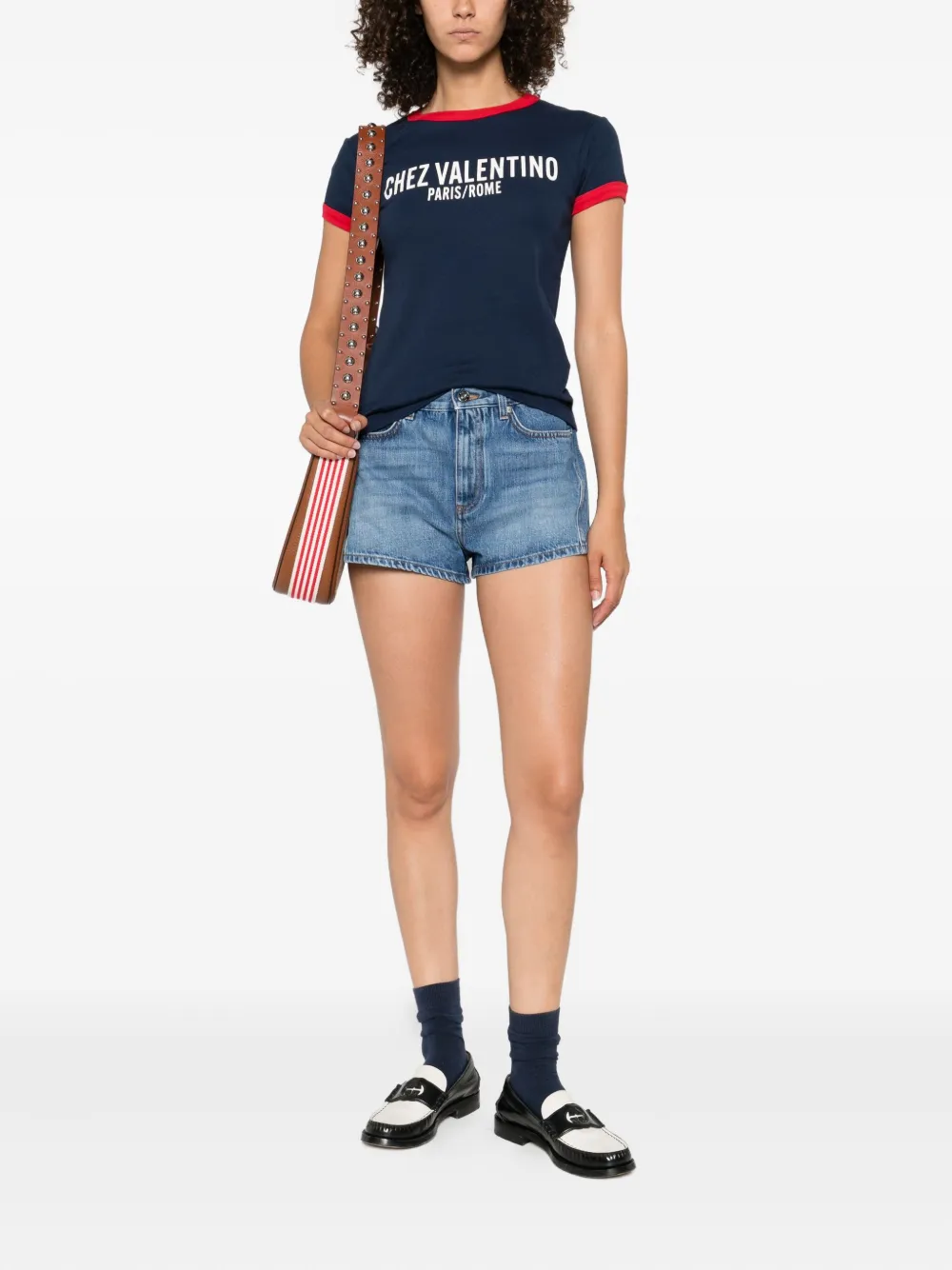 Valentino Crew Neck Cotton T-shirt With Contrast Trim In Blue
