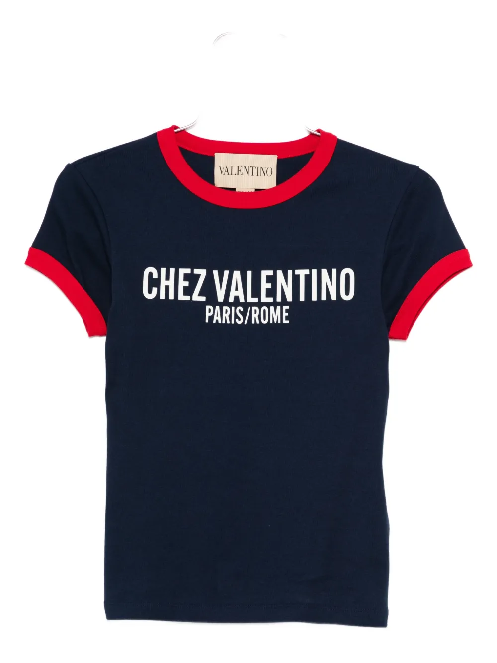 Valentino Crew Neck Cotton T-shirt With Contrast Trim In Blue