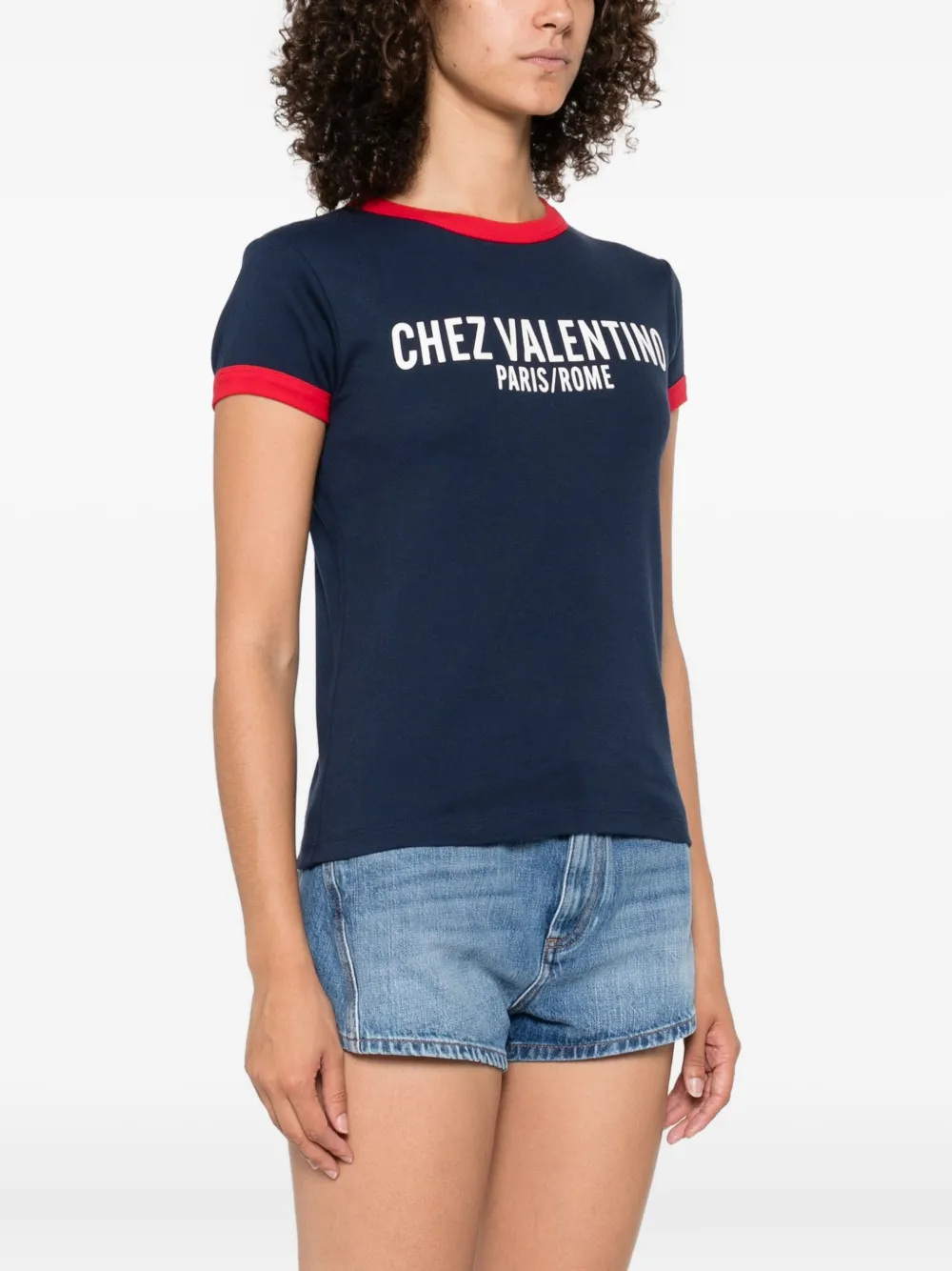 Valentino Crew Neck Cotton T-shirt With Contrast Trim In Blue
