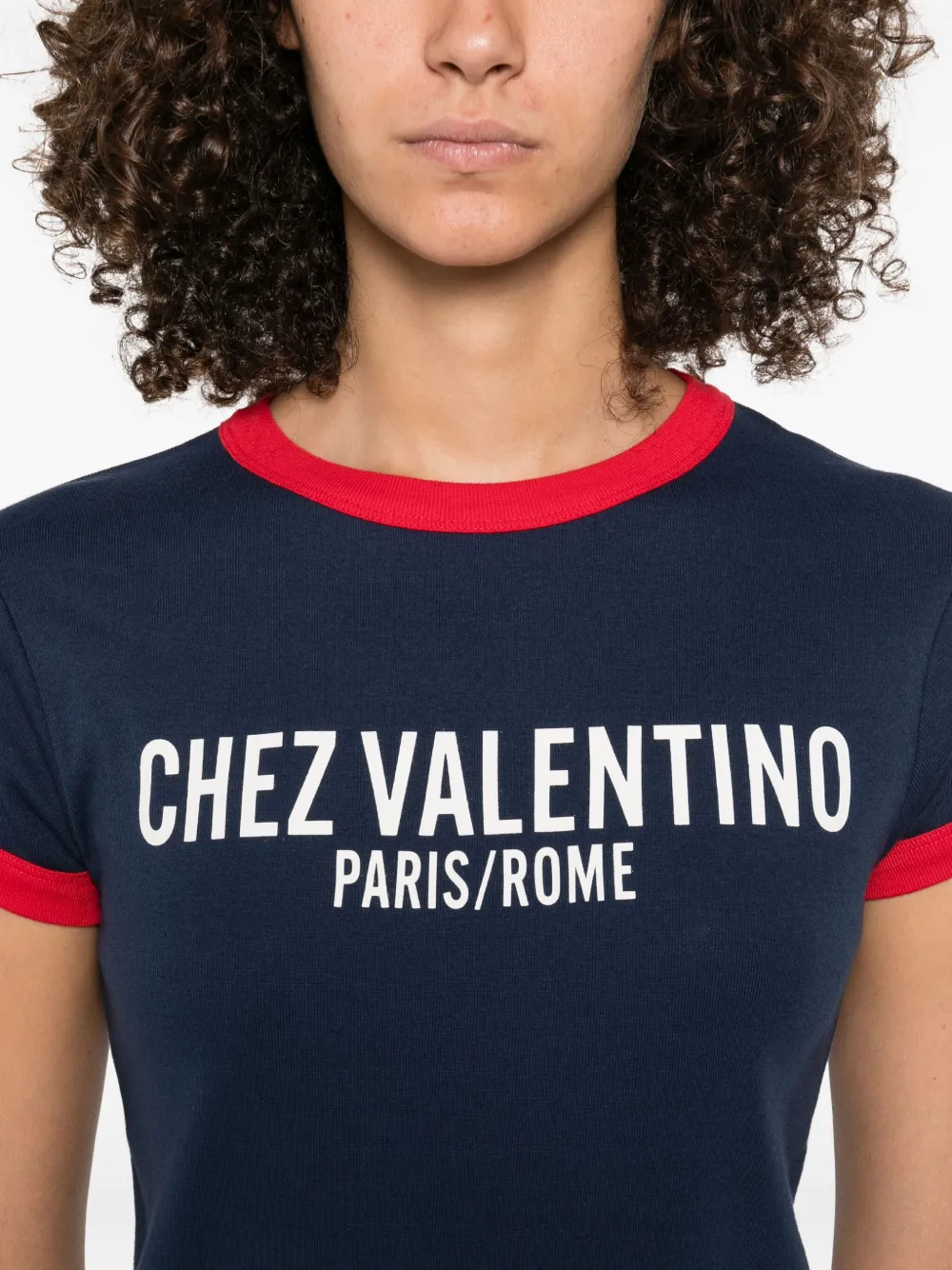 Valentino Crew Neck Cotton T-shirt With Contrast Trim In Blue