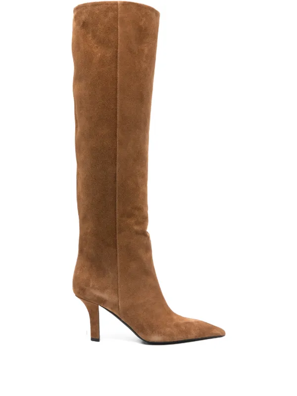 Amina Muaddi Brenda 80 Calf Suede Knee-high Boot 80mm in Brown