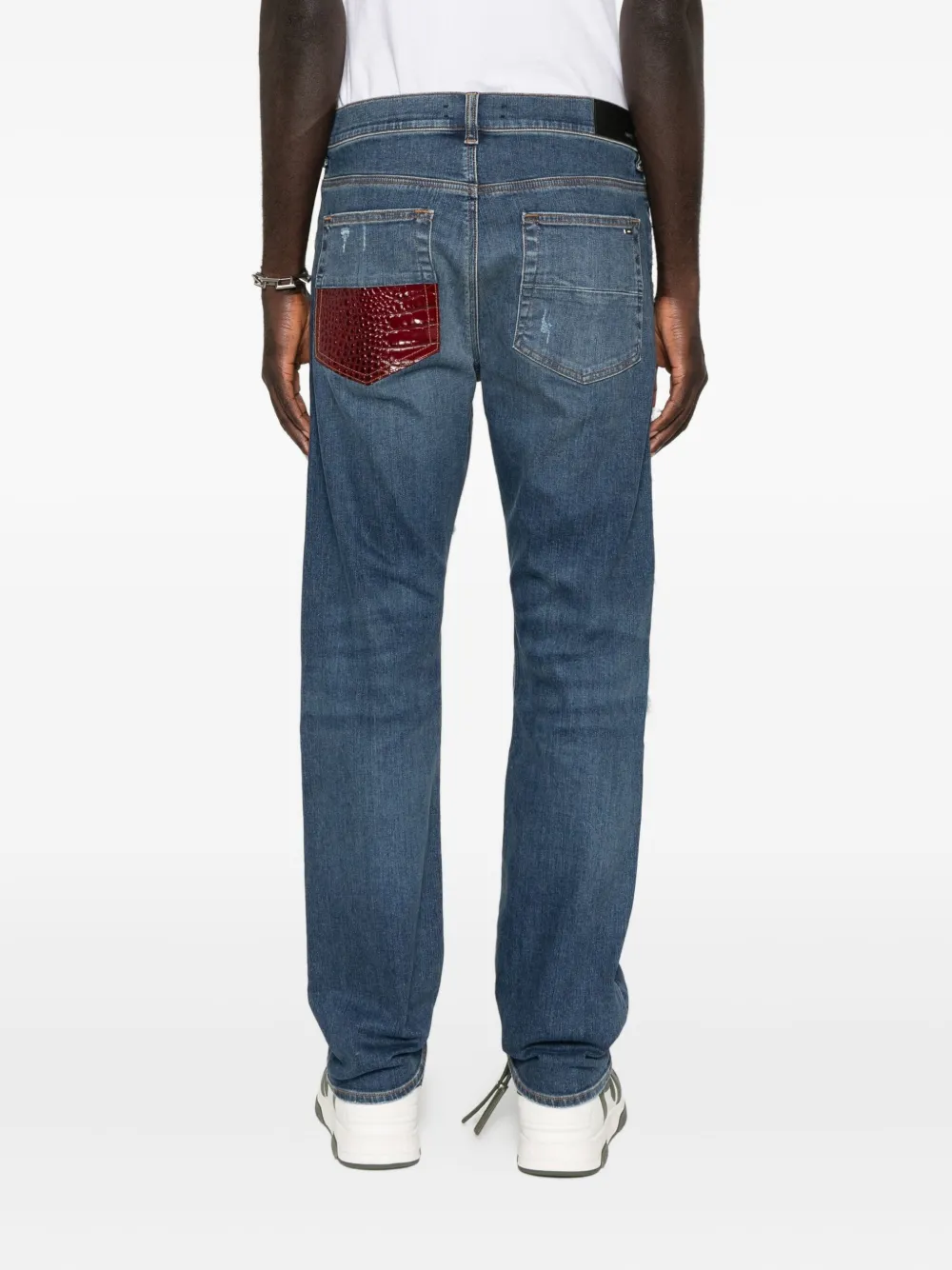 Amiri Thrasher Slim-fit Distressed Croc-effect Leather-trimmed Panelled Jeans In Blue