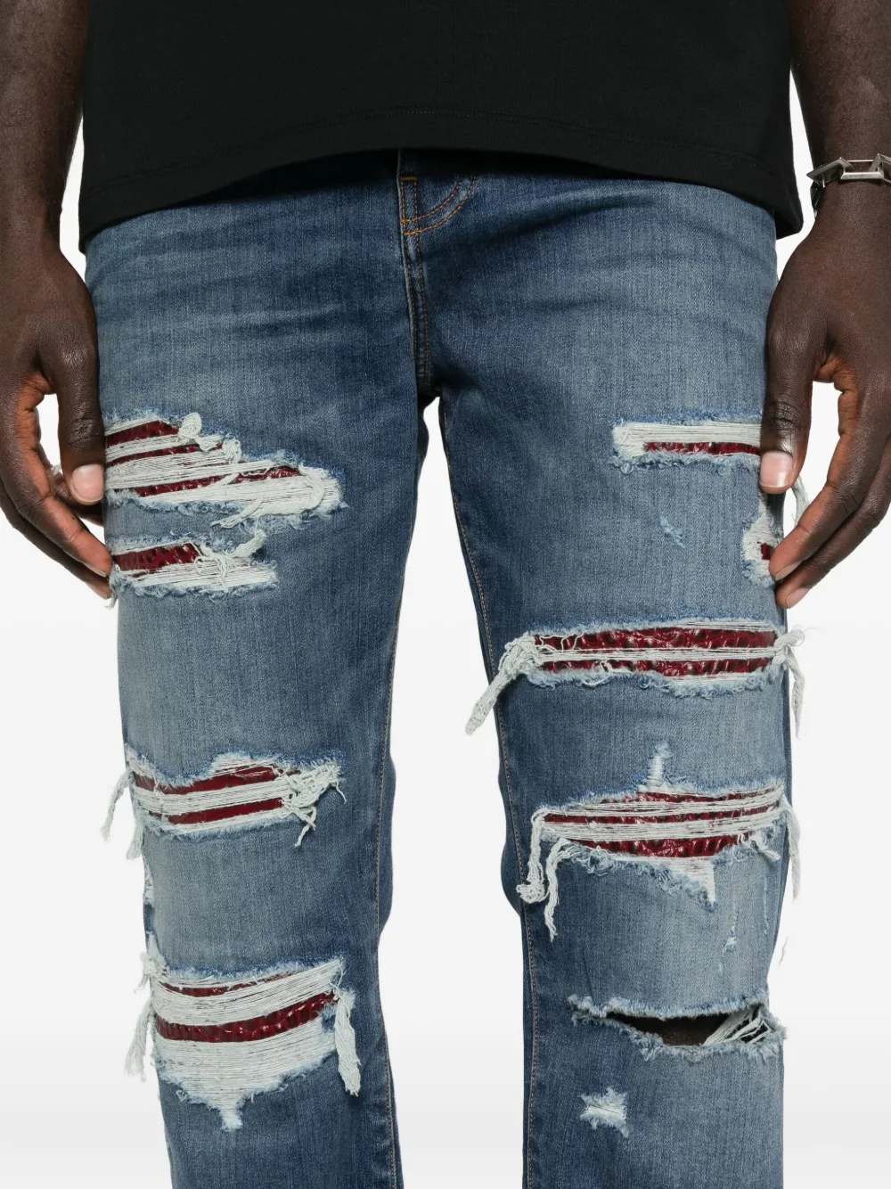 Amiri Thrasher Slim-fit Distressed Croc-effect Leather-trimmed Panelled Jeans In Blue
