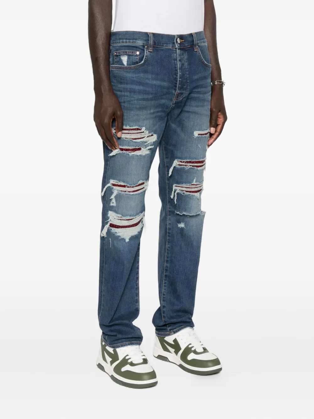 Amiri Thrasher Slim-fit Distressed Croc-effect Leather-trimmed Panelled Jeans In Blue