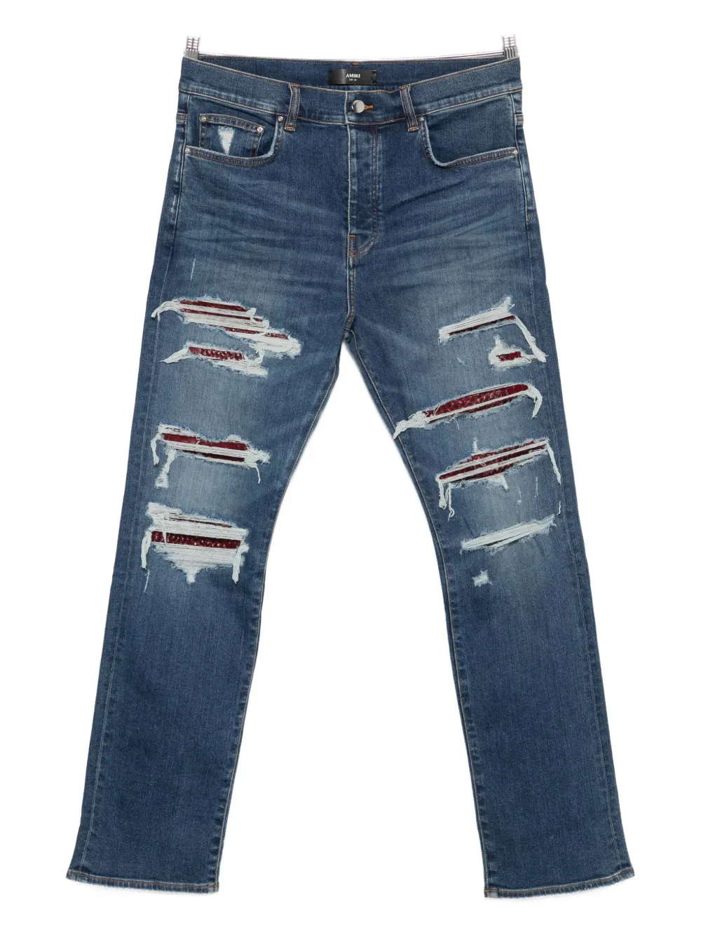 Amiri Thrasher Slim-fit Distressed Croc-effect Leather-trimmed Panelled Jeans In Blue
